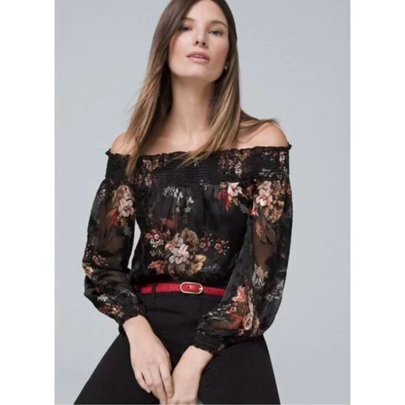 White House Black Market Off-The-Shoulder Floral Burnout Silk Blouse Top Size S - Picture 1 of 12